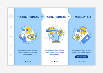 Laser eye operation onboarding vector template. Eye disease treatment. Responsive mobile website with icons. Web page walkthrough 3 step screens. Blue color concept with linear illustration