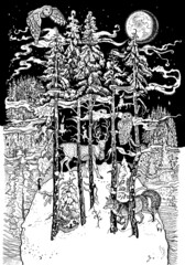 Magic winter forest. Spruce, fir tree, snow, moon, animals : owl, deer, fox. Northern fairy tale. Hand drawn ink illustration. Christmas, New Year greeting card, coloring page. Scandinavian woods.