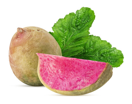 Fresh radishes one slice with green leaf