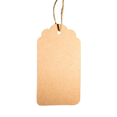 Blank tag hanging on rope isolated on white. template for price, discount. Blank paper price tag, with copy space