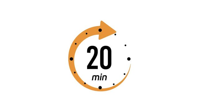20 minutes timer symbol color style isolated on white background. 20 min time circle icon. Animation timer icon with twenty min. Clock, stopwatch, cooking time label. Motion