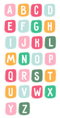 Cute color alphabet. Flat isolated vector illustration. Vector alphabet for kids. Hand drawn graphic font. ABC. Cartoon alphabet
