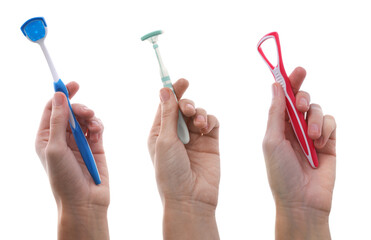 Collage with photos of women holding different tongue scraper on white background, closeup