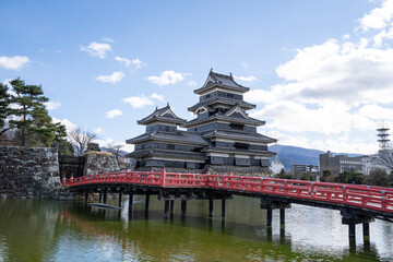 橋の上に乗る松本城