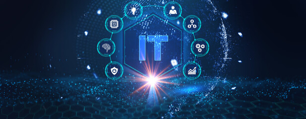 IT consultant presenting tag cloud about information technology.3d illustration