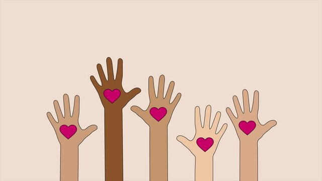 Animation of hands with red hearts raised up in the air. Concept of charity, volunteering and donating concept. 4K video motion graphic