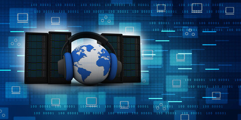3d illustration Data center server with headphones connected globe