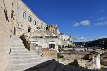 A street in Matera, an ancient city built into the rock. It is located in the Basilicata region.