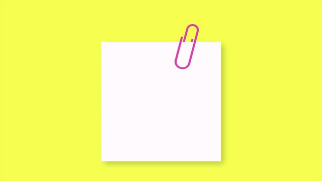 Animated yellow note paper with paperclip. Notepaper sticker with paperclip for reminder in school, office and home. Template for memo. 4K video motion graphic