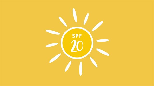 Sun Protection UV Index, spf 20 sign on yellow background. Sun protection concept. 4K video motion graphic