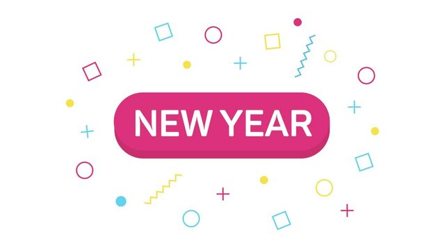 Animation text New year of trendy memphis banner in flat style with geometric shapes. Banner, poster and sticker concept. 4K Video motion graphic