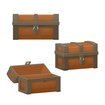 Old wooden chest with opened and closed lid.  Pirate treasure. Vintage trunk.Cartoon style illustration. Vector.