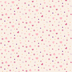 Seamless tossed pattern of small hearts, flowers, love text and polka dots.
