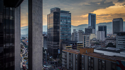 Fototapeta na wymiar Medellin downtown at sunset with buildings