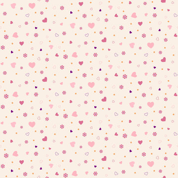 Seamless tossed pattern of small hearts, flowers, love text and polka dots.
