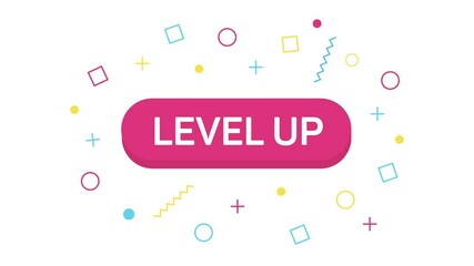 Animation text Level up text of trendy memphis banner in flat style with geometric shapes. Banner, poster and sticker concept. 4K Video motion graphic - Powered by Adobe