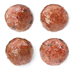 Set with tasty cooked meatballs on white background