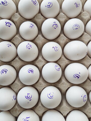 Chicken eggs in packaging on the display case 