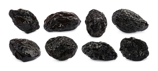 Set with sweet dried prunes on white background. Banner design