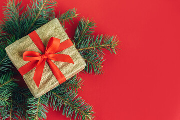Gift box with spruce branches on a red background. Holiday concept.