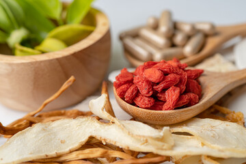 Chinese herb medicine with goji berries for good healthy.