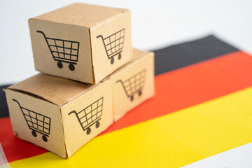 Box with shopping cart logo and Germany flag, Import Export Shopping online or eCommerce finance delivery service store product shipping, trade, supplier concept.
