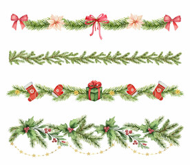 Watercolor vector Christmas set colorful garland with balls, lights and fir branches. © ElenaMedvedeva