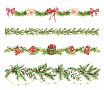 Watercolor vector Christmas set colorful garland with balls, lights and fir branches.