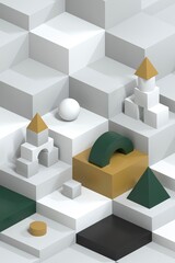 Isometric scene with white, gold and green geometric shapes. An abstract view of architecture, urban environment, creativity, sustainable design. 3d rendering of the background.