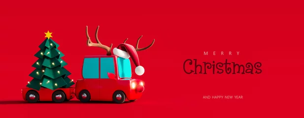 Papier Peint photo autocollant Voitures de dessin animé Cute red car with deer antlers on the roof carrying green paper Christmas tree on red background 3D Rendering, 3D Illustration