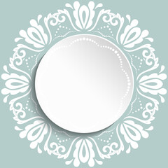 Round frame with floral white elements and arabesques. Pattern with arabesques. Fine greeting card