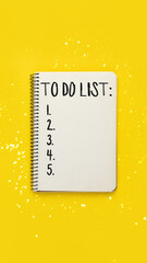 Fototapeta na wymiar Open spiral notebook with to do list on bright yellow background with blurred lights bokeh, top view, flat lay