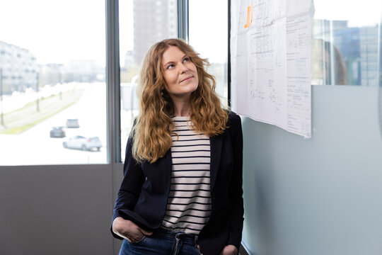 Businesswoman looking at business plan on glass at office