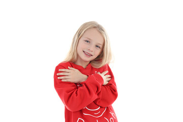 Little girl in Christmas sweater isolated on white background