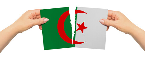 World countries. Woman hands are are holding two parts of flag. Algeria