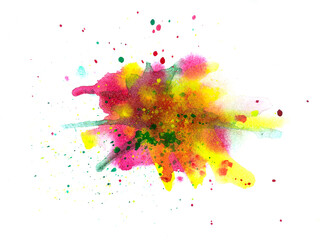 Watercolor yellow green pink bright spot and small splashes of paint isolated on a white background. Color artistic element, splattered background for fresh summer design