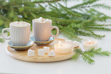 two cups of coffee with  marshmallow and christmas fir branches