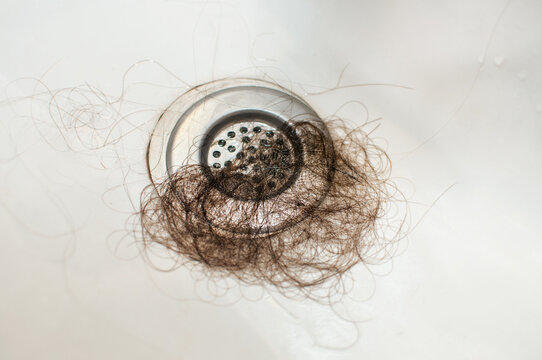brown hair in the sink drain hole on a metal mesh