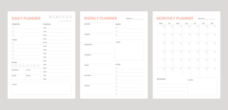 set minimalis planner with pink color, daily, weekly, monthly