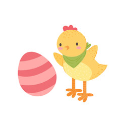 Easter chicken with egg. Cute little cartoon chicken bird character. Stock vector festive flat illustration on a white background.