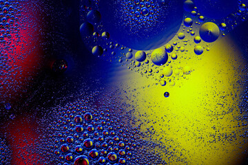 Abstract colorful background of oil circles. Oil in the water surface circles, water foam and oil bubbles.