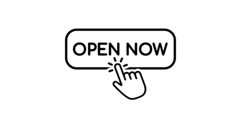 Black click here button. Open now icon