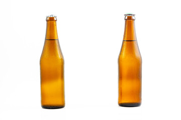 Beer bottle on a white background,Glass bottles of different beer on light grey background 
