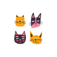 Vector flat childish illustration with different cats. Simple heads of animals on a white background