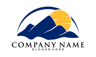 Blue mountain and sun vector logo