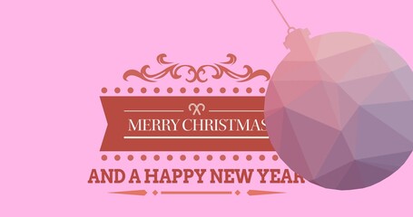 Digitally generated image of christmas and new year greeting with bauble on pink background