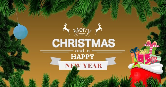 Vector image of christmas and new year greeting with gifts and pine needles on brown background