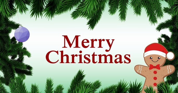 Digitally generated image of christmas greeting with decoration and pine needles on green background