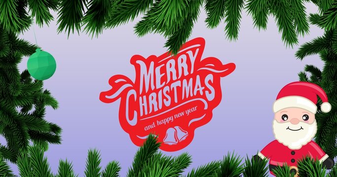 Vector image of christmas and new year greeting with santa and pine needles on purple background