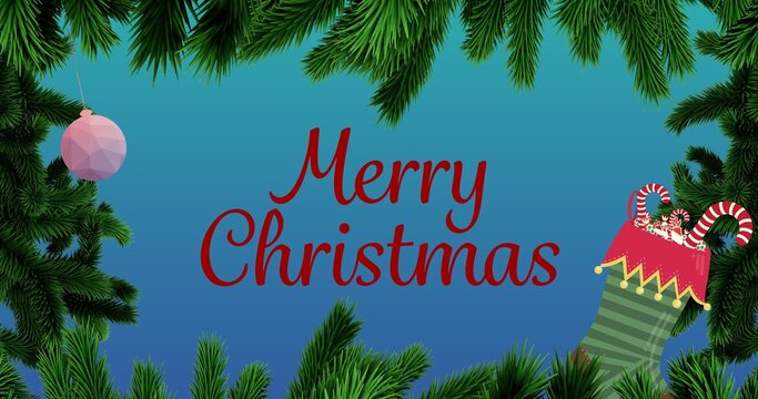 Vector image of christmas greeting with decoration and pine needles over blue background